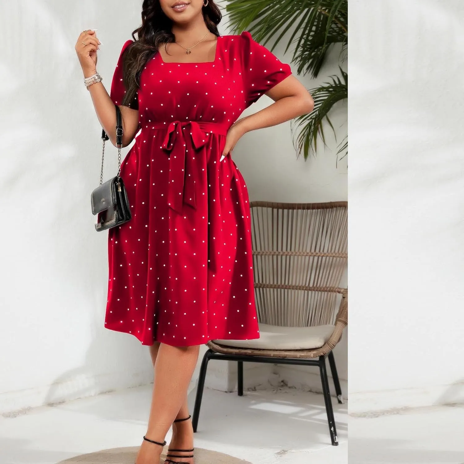 Women Plus Size Wedding Cocktail Midi Dress Summer Polka Dot Puff Sleeve Square Neck Belted A-Line Flowy Dresses