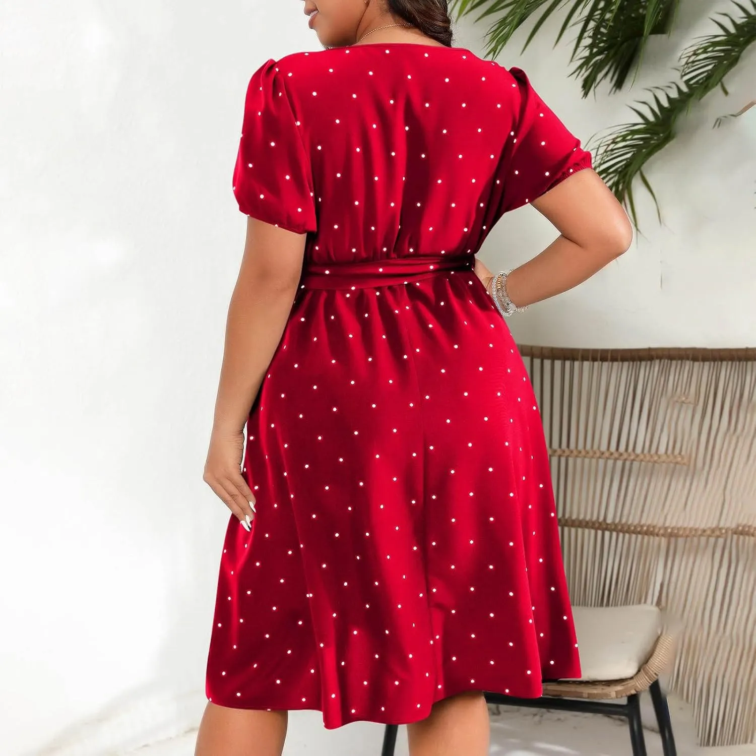Women Plus Size Wedding Cocktail Midi Dress Summer Polka Dot Puff Sleeve Square Neck Belted A-Line Flowy Dresses