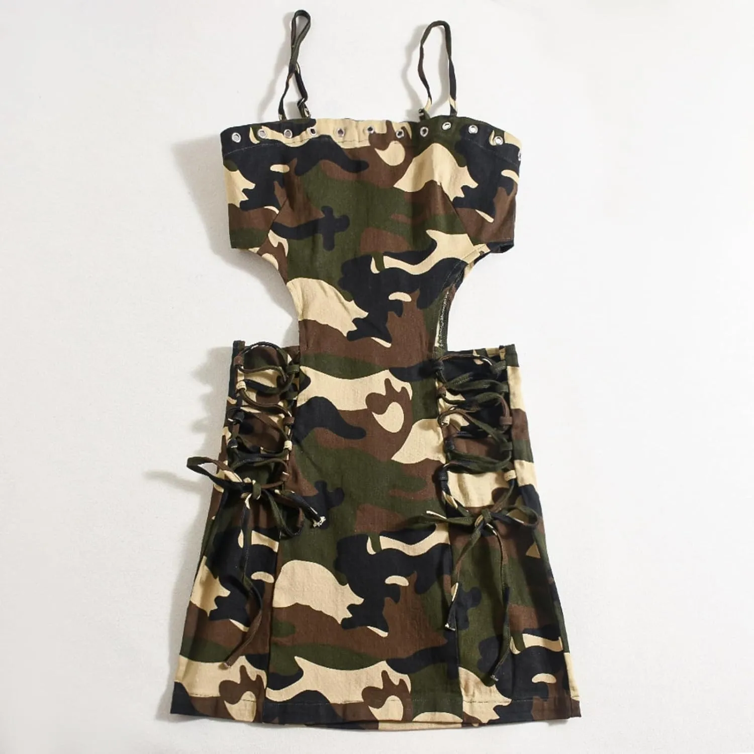 Women Sexy Spaghetti Strap Dress Hollow Out Camo Bodycon Mini Dress Summer Sundresses