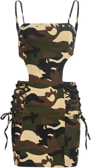 Women Sexy Spaghetti Strap Dress Hollow Out Camo Bodycon Mini Dress Summer Sundresses