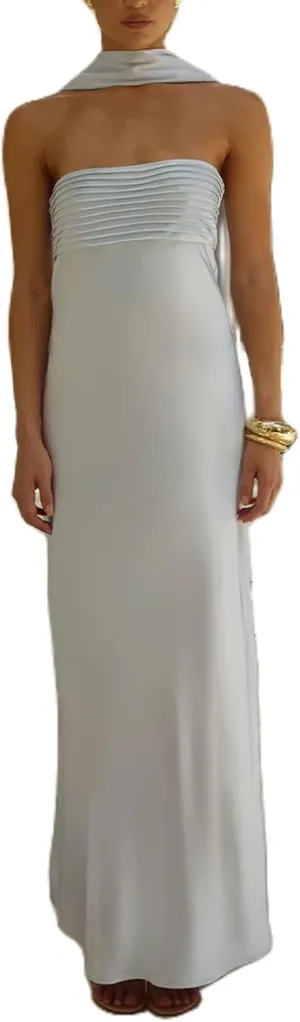 Women Strapless Maxi Satin Dress with Neck Scarf Sexy Bodycon Sleeveless Backless Long Tube Silky Dresses Y2K 2025 Summer