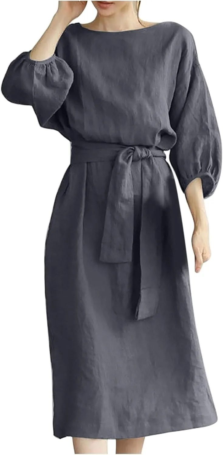 Women Summer Dresses Dressy Casual Loose Lantern 3/4 Sleeve Midi Dress Boat Neck Tie Waist Plus Size T Shirt Dress