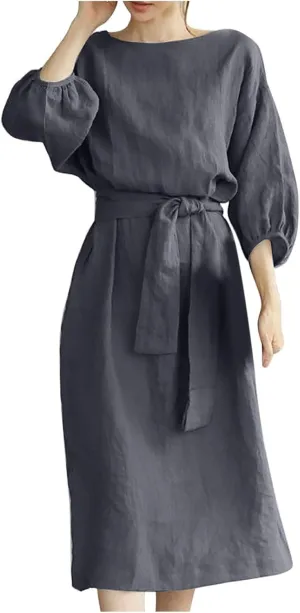 Women Summer Dresses Dressy Casual Loose Lantern 3/4 Sleeve Midi Dress Boat Neck Tie Waist Plus Size T Shirt Dress
