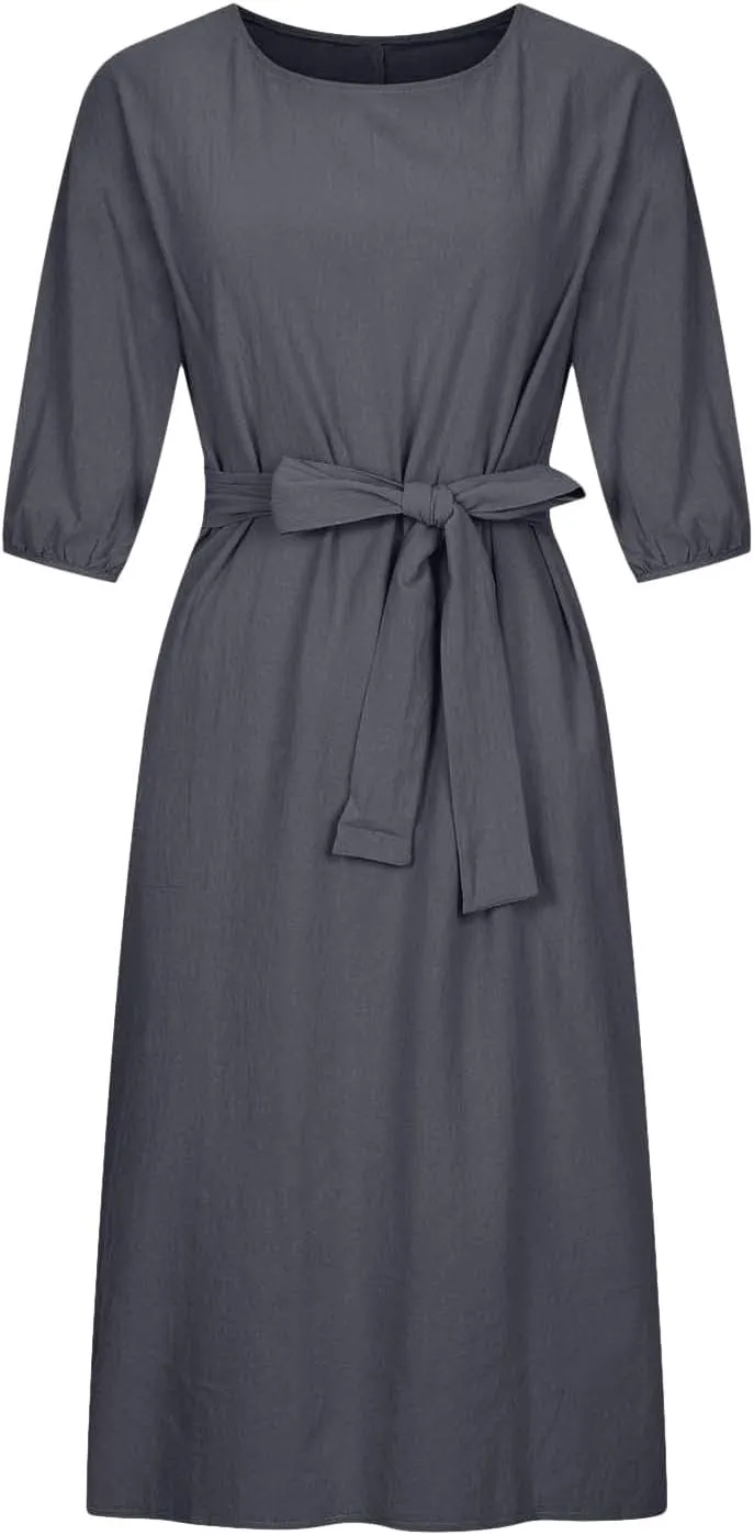 Women Summer Dresses Dressy Casual Loose Lantern 3/4 Sleeve Midi Dress Boat Neck Tie Waist Plus Size T Shirt Dress