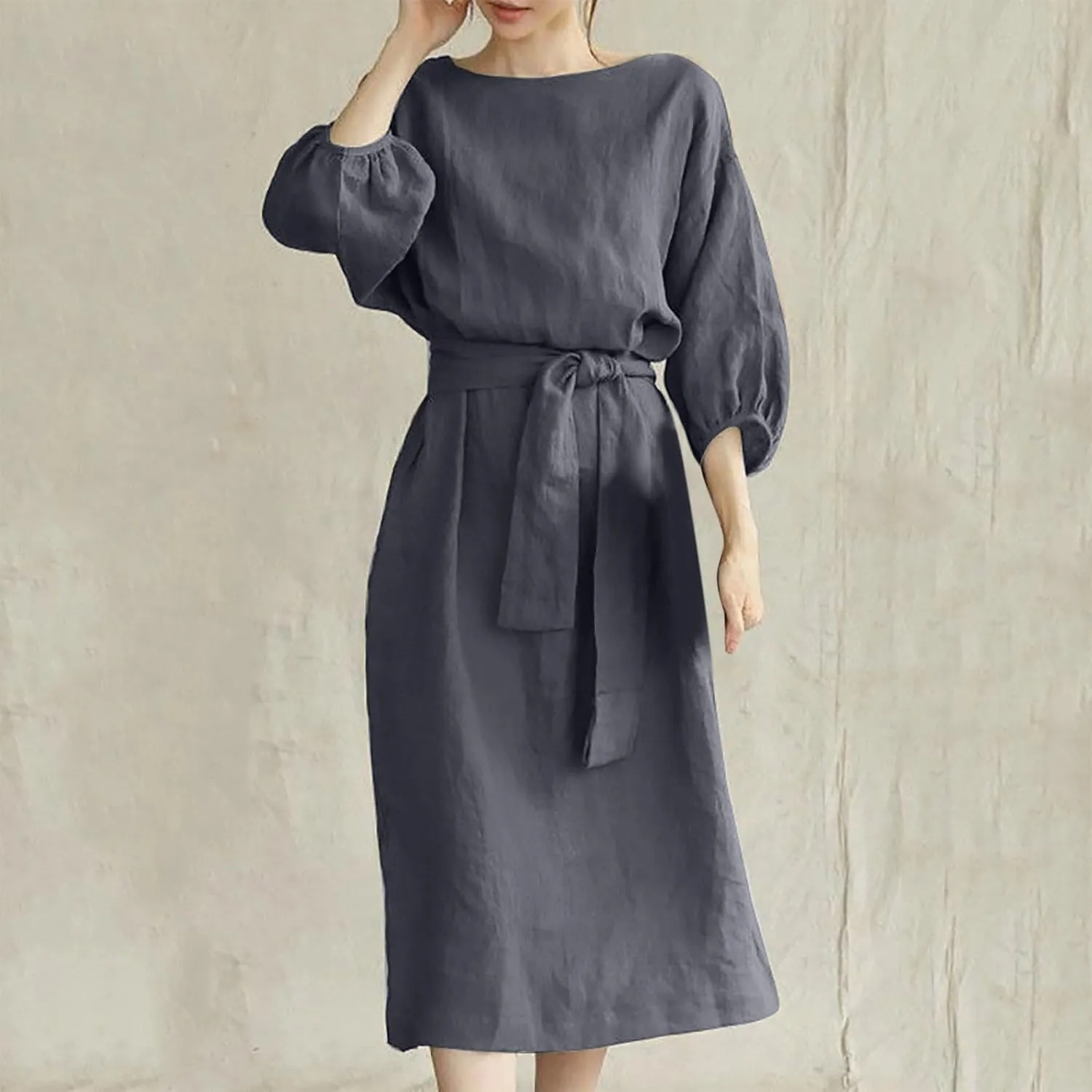 Women Summer Dresses Dressy Casual Loose Lantern 3/4 Sleeve Midi Dress Boat Neck Tie Waist Plus Size T Shirt Dress