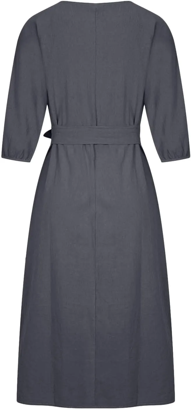 Women Summer Dresses Dressy Casual Loose Lantern 3/4 Sleeve Midi Dress Boat Neck Tie Waist Plus Size T Shirt Dress