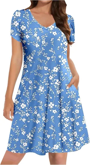 Women Summer Petal Sleeve Mini Dresses with Pockets Casual Aline Flowy V Neck T-Shirt Dress Solid Beach Sundress