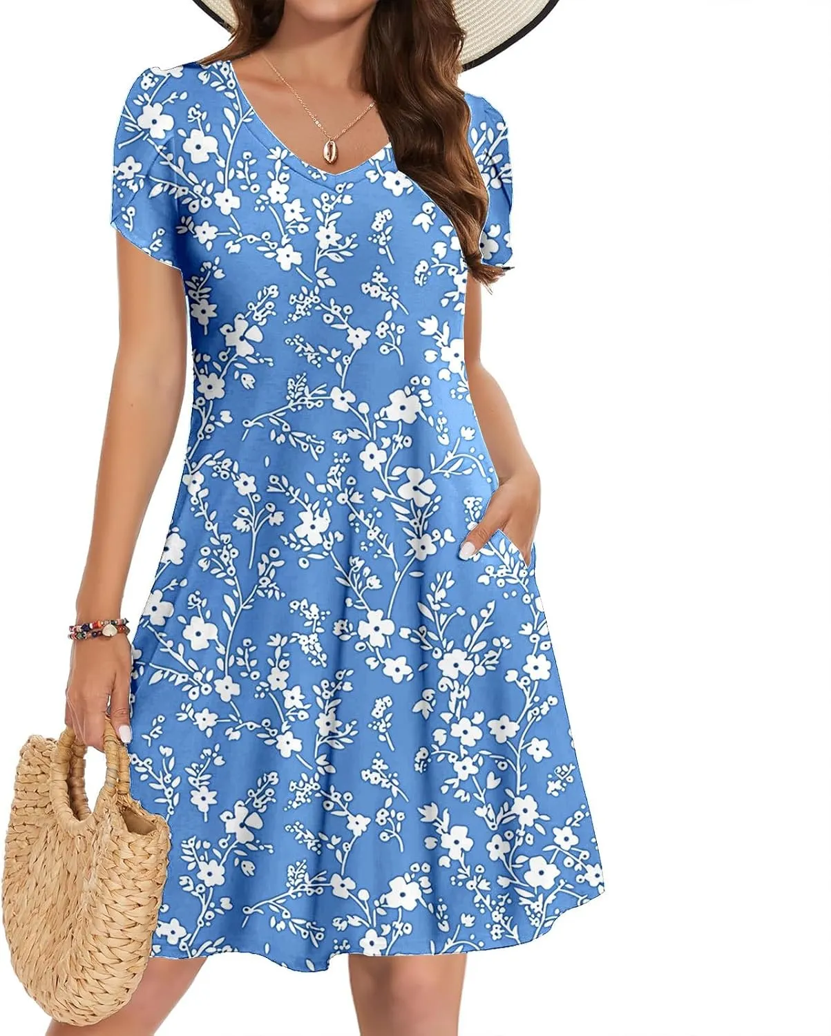 Women Summer Petal Sleeve Mini Dresses with Pockets Casual Aline Flowy V Neck T-Shirt Dress Solid Beach Sundress