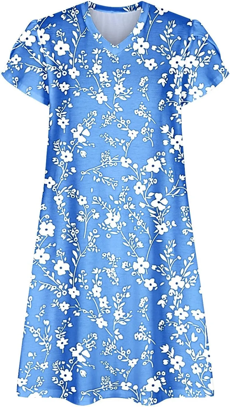 Women Summer Petal Sleeve Mini Dresses with Pockets Casual Aline Flowy V Neck T-Shirt Dress Solid Beach Sundress