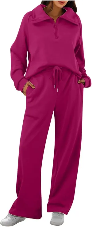 Womens 2 Piece Outfits Lounge Half Zip Hoodie Sweatsuit Sets Oversized Sweatshirt Baggy Fall Fashion Sweatpants Hot Pink