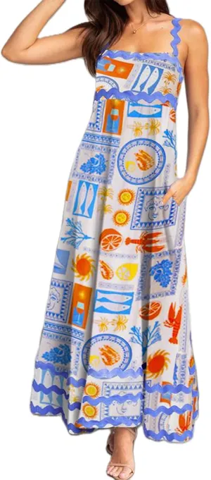 Women's 2024 Summer Boho Spaghetti Straps Sleeveless Backless Sundress Flowy Smocked Swing A Line Midi Dress