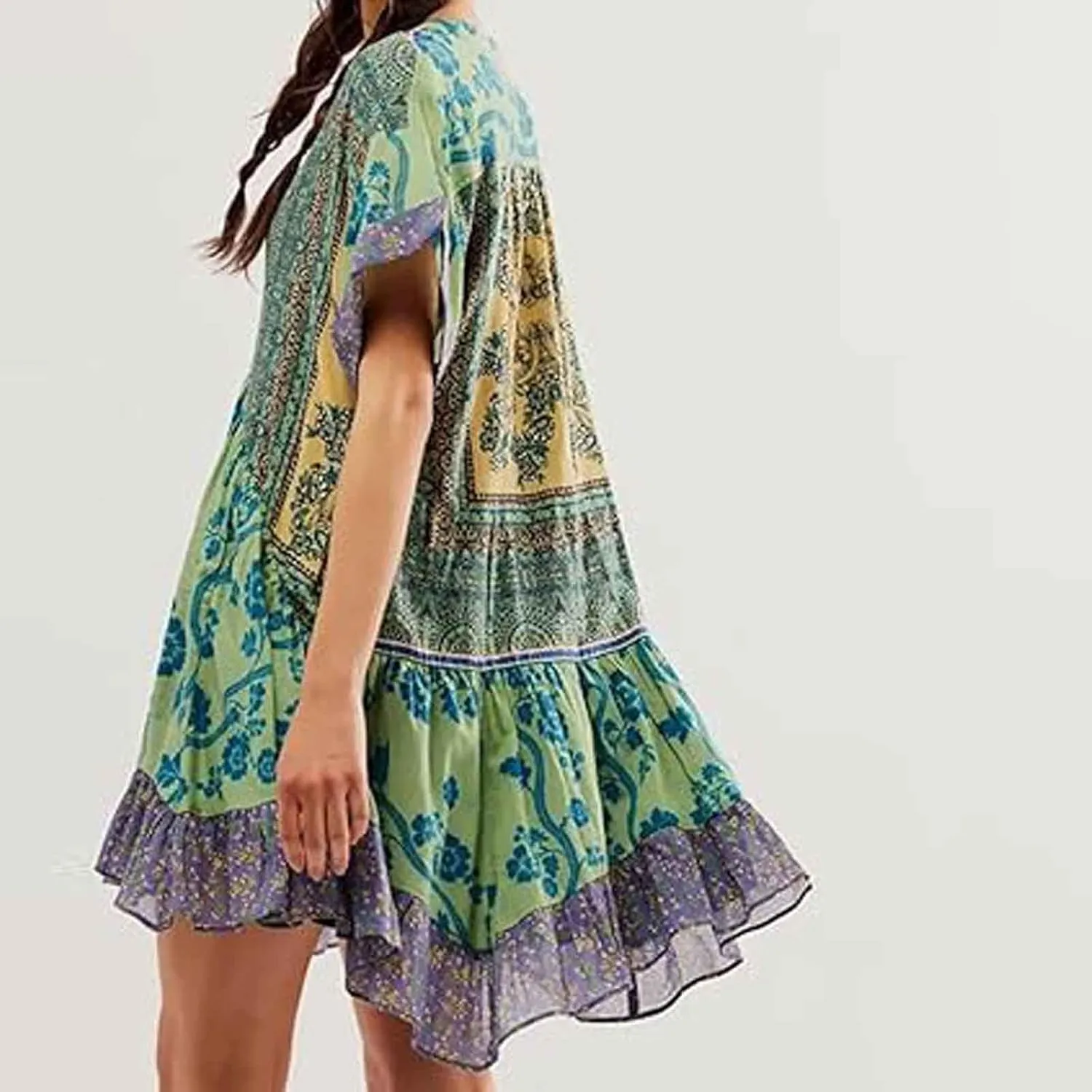 Women's Bohemian Babydoll Comfy Summer Floral Dresses Short Sleeve V Neck Sundress Flowy Ruffle Mini Dress