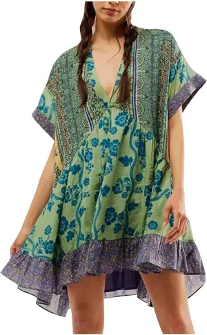Women's Bohemian Babydoll Comfy Summer Floral Dresses Short Sleeve V Neck Sundress Flowy Ruffle Mini Dress