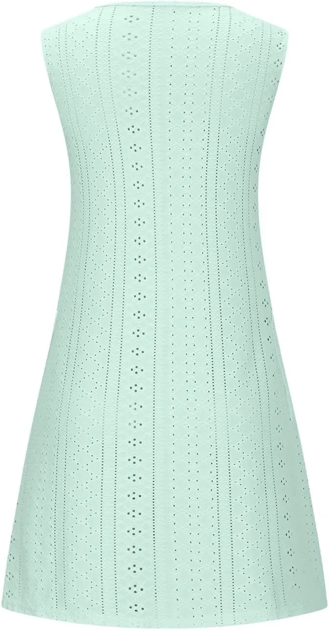 Women's Boho Eyelet Pastel Dress Casual U Neck Sleeveless Dress 2025 Summer Spring Beach Vacation Midi Dresses