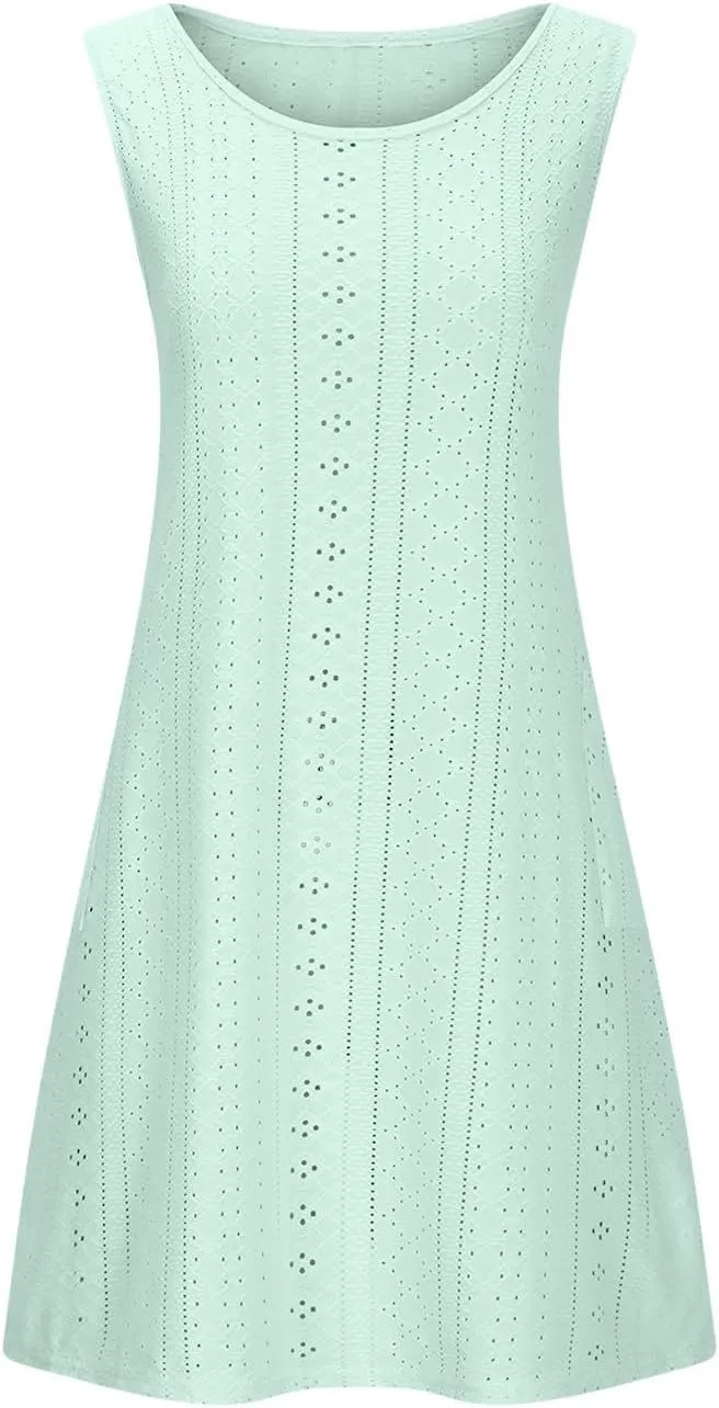 Women's Boho Eyelet Pastel Dress Casual U Neck Sleeveless Dress 2025 Summer Spring Beach Vacation Midi Dresses