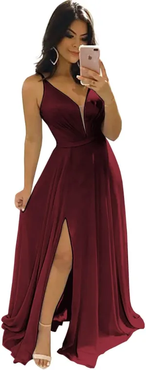 Women's Chiffon V Neck Bridesmaid Dresses Long with Slit Pleated Empire Waist Formal Dress with Pockets