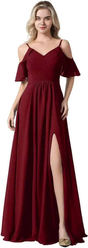 Women's Cold Shoulder Chiffon Bridesmaid Dresses 2025 for Wedding Slit Pleated A-line Formal Long Evening Gowns
