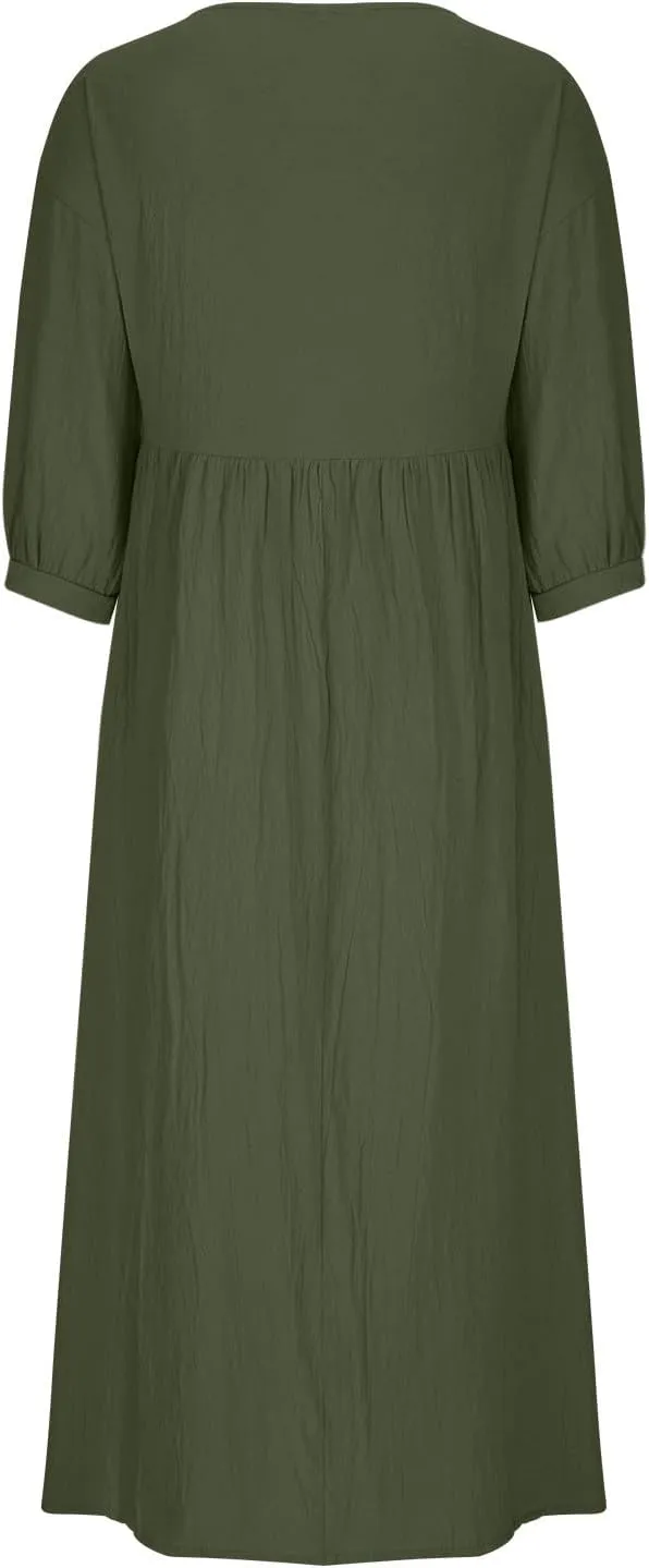 Womens Cotton Linen Midi Dress Casual Loose Petite Solid A-line Dresses Flowy Summer Beach Vacation Sundress Pockets