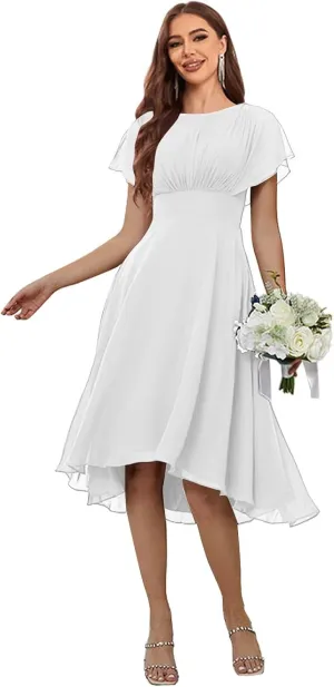 Women's Crew Neck Bridesmaid Dresses with Sleeves Chiffon Ruffle Pleated Tea Length Formal Evening Dresses