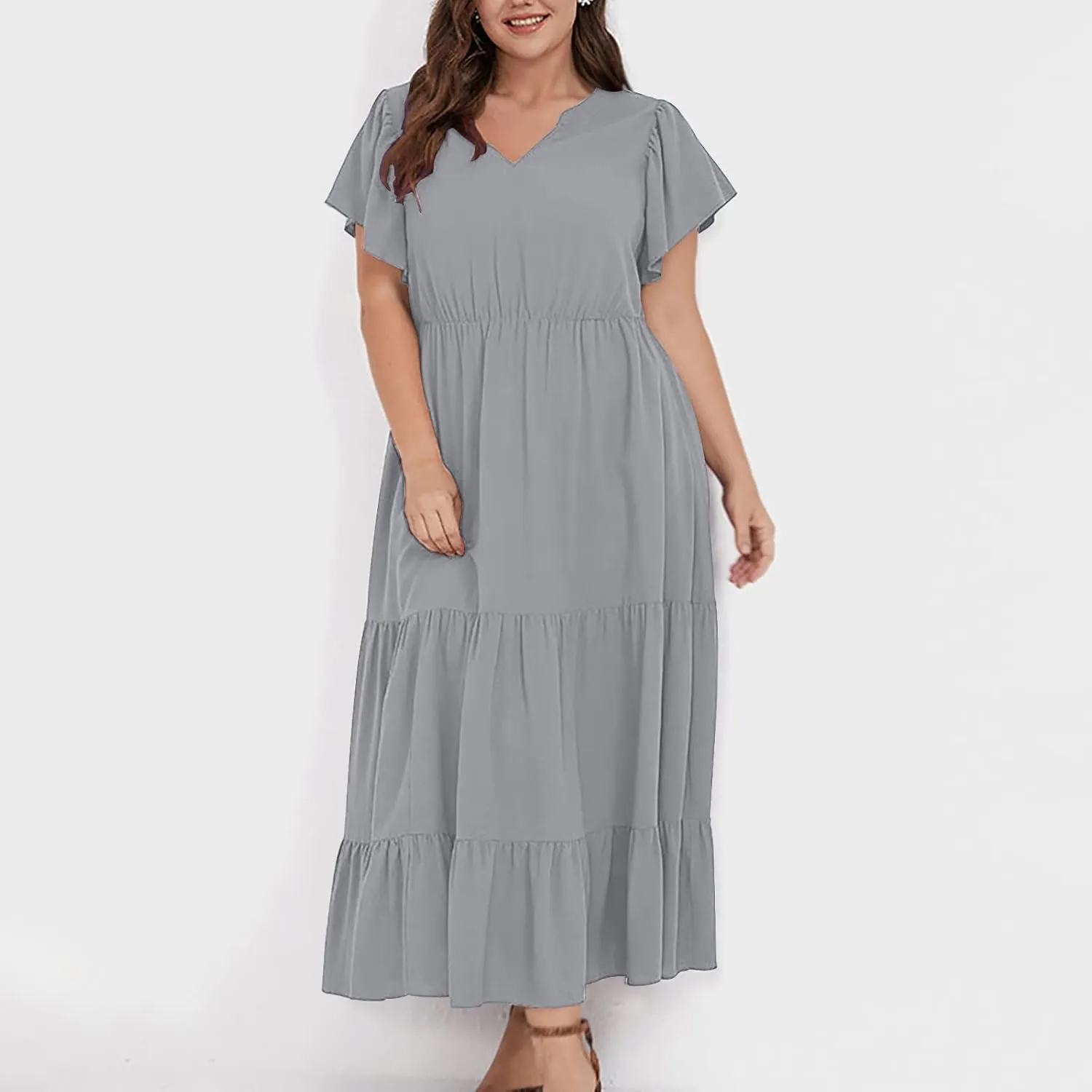Womens Dress Casual Loose Solid Color Ruffle Short Sleeve Midi Dresses Pockets Fashion Plus Size V Neck A Line Dress