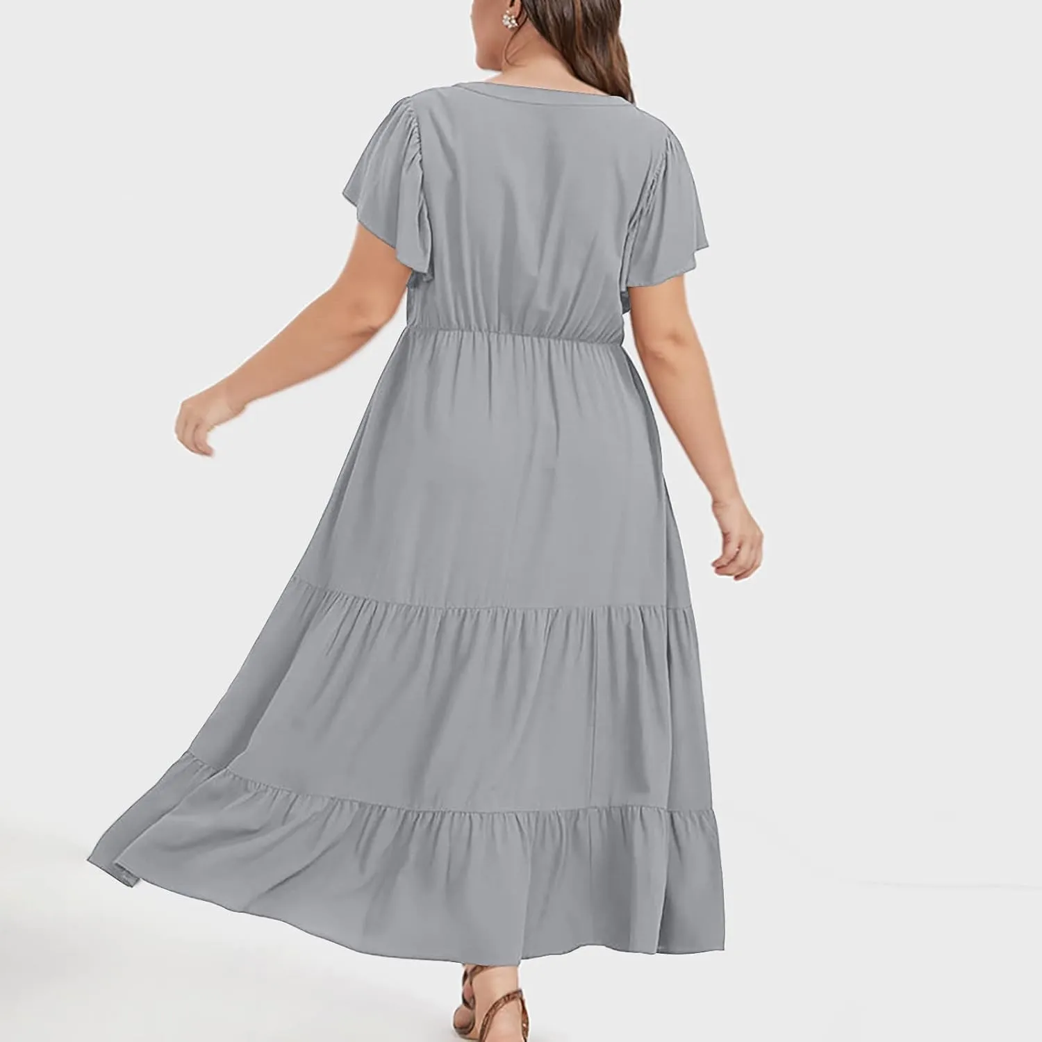 Womens Dress Casual Loose Solid Color Ruffle Short Sleeve Midi Dresses Pockets Fashion Plus Size V Neck A Line Dress