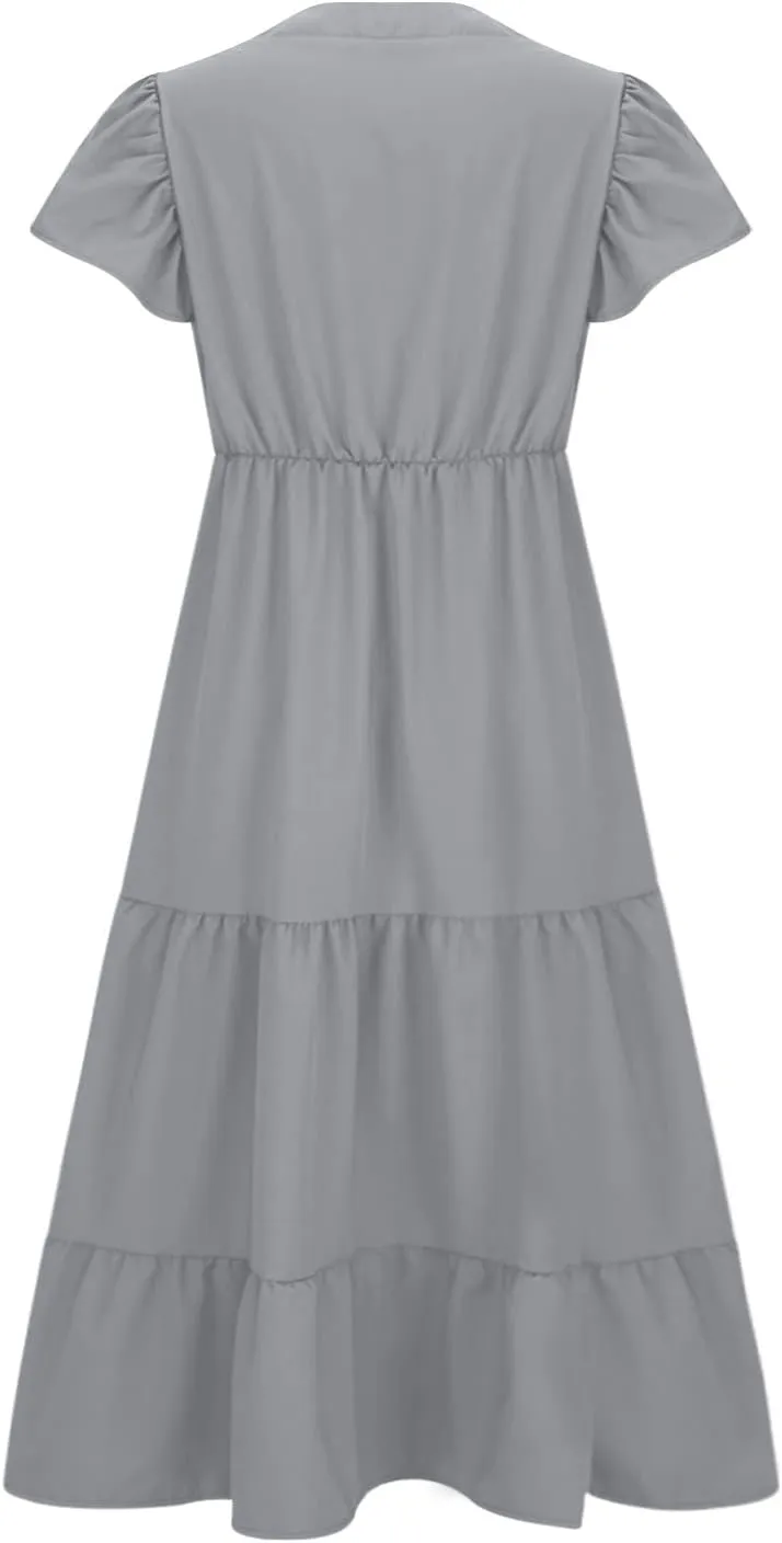 Womens Dress Casual Loose Solid Color Ruffle Short Sleeve Midi Dresses Pockets Fashion Plus Size V Neck A Line Dress