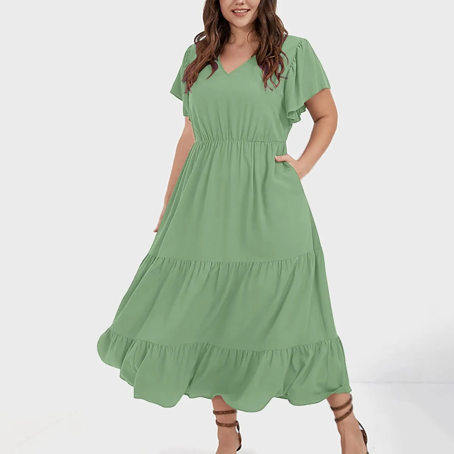 Womens Dress Casual Loose Solid Color Ruffle Short Sleeve Midi Dresses Pockets Fashion Plus Size V Neck A Line Dress