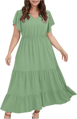 Womens Dress Casual Loose Solid Color Ruffle Short Sleeve Midi Dresses Pockets Fashion Plus Size V Neck A Line Dress