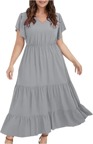 Womens Dress Casual Loose Solid Color Ruffle Short Sleeve Midi Dresses Pockets Fashion Plus Size V Neck A Line Dress