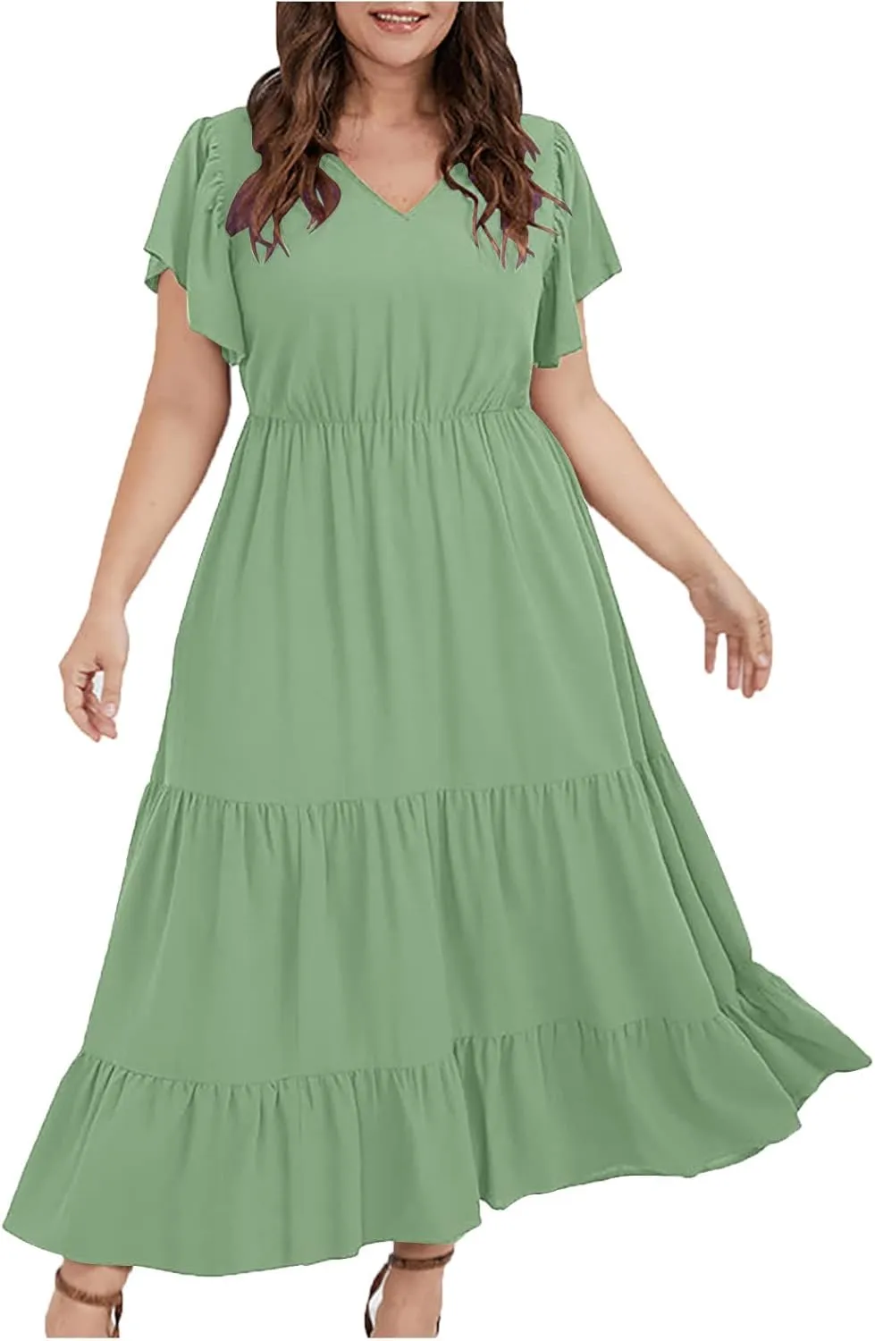 Womens Dress Casual Loose Solid Color Ruffle Short Sleeve Midi Dresses Pockets Fashion Plus Size V Neck A Line Dress
