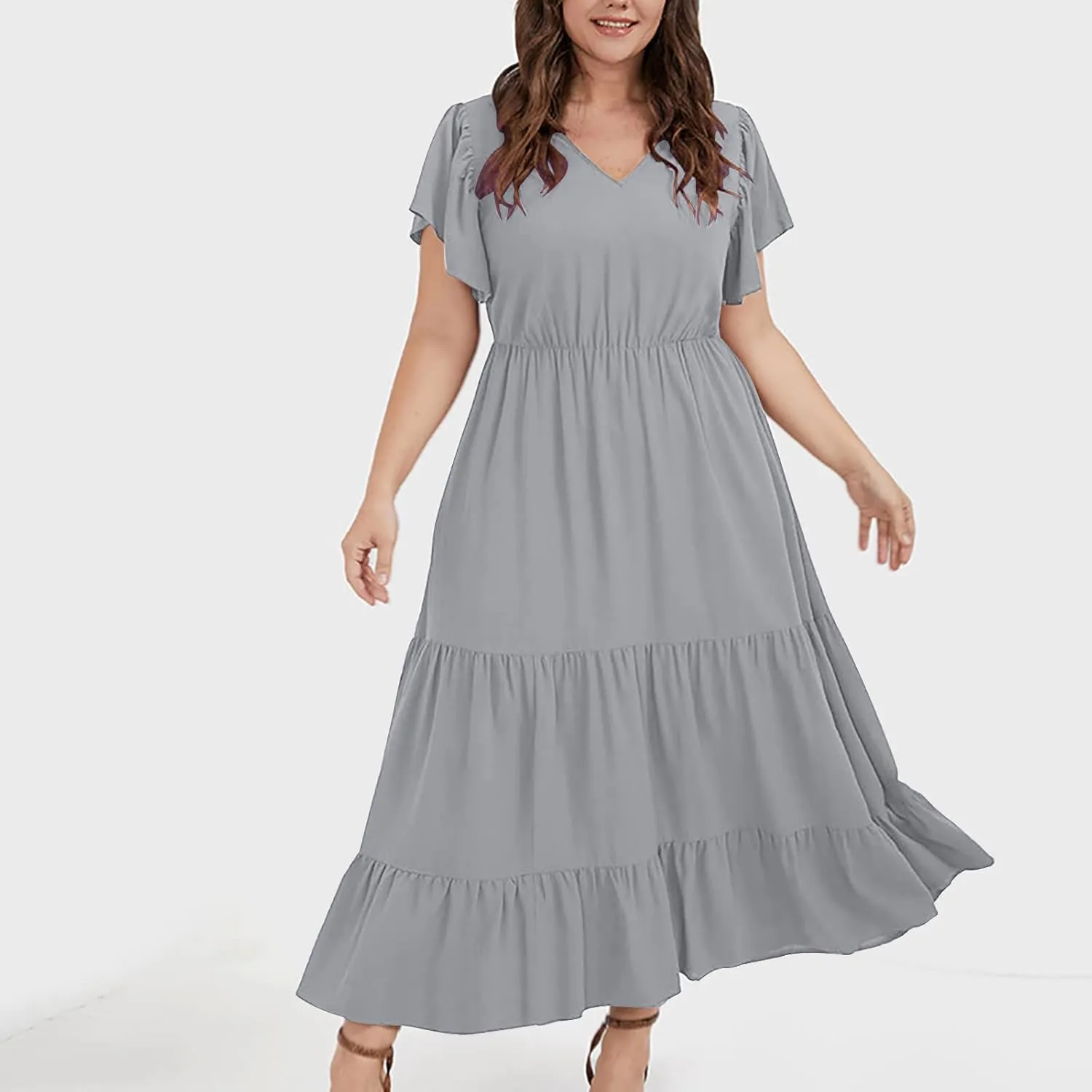 Womens Dress Casual Loose Solid Color Ruffle Short Sleeve Midi Dresses Pockets Fashion Plus Size V Neck A Line Dress