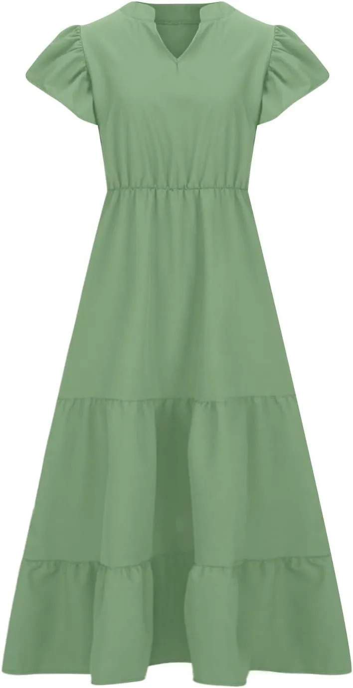 Womens Dress Casual Loose Solid Color Ruffle Short Sleeve Midi Dresses Pockets Fashion Plus Size V Neck A Line Dress