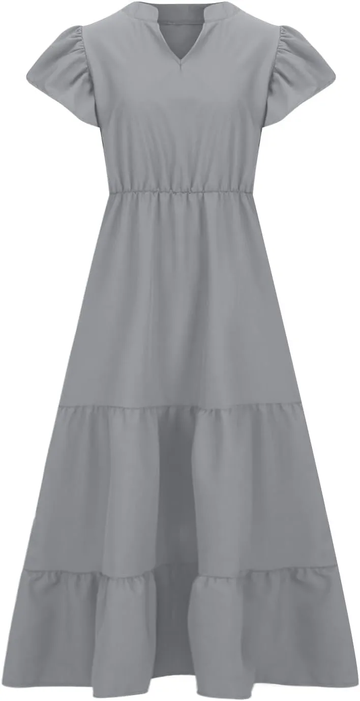 Womens Dress Casual Loose Solid Color Ruffle Short Sleeve Midi Dresses Pockets Fashion Plus Size V Neck A Line Dress