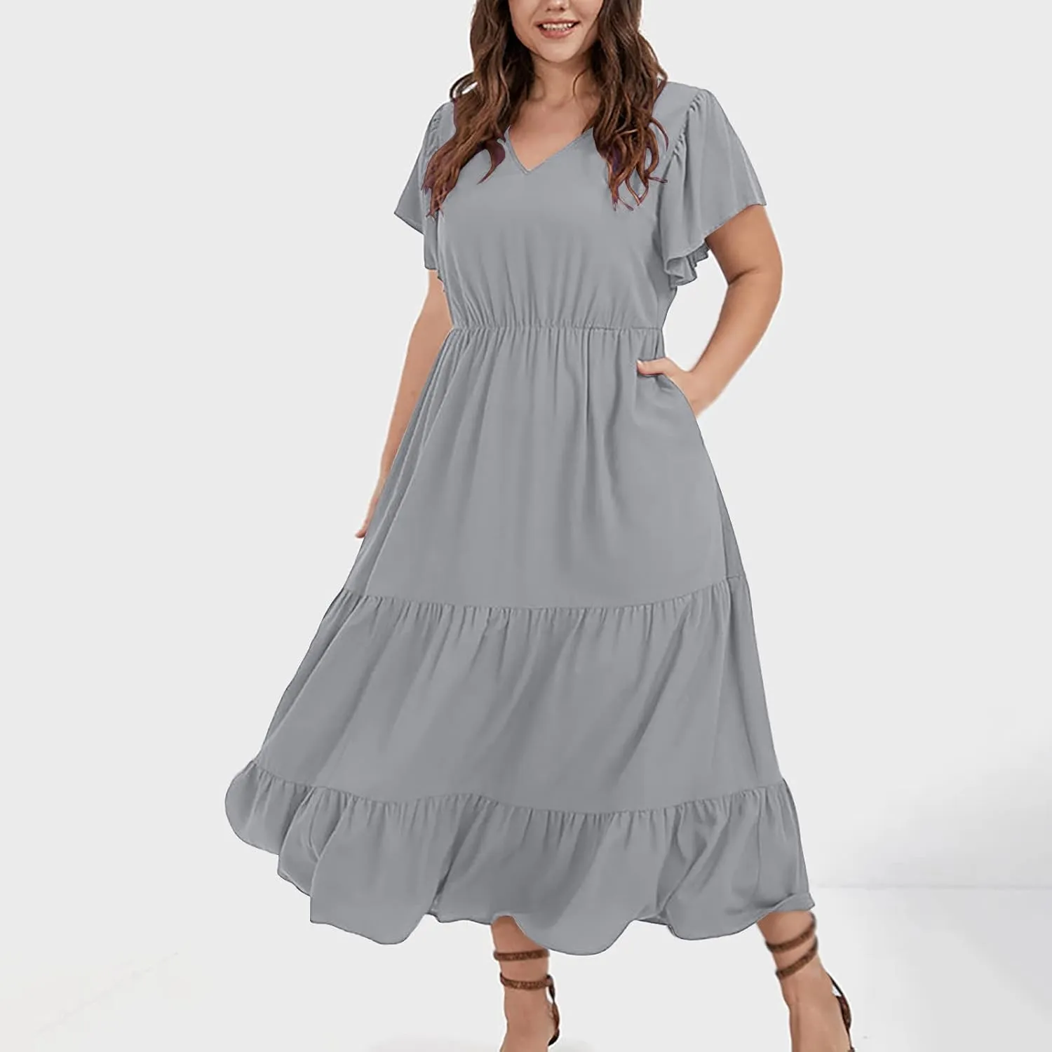 Womens Dress Casual Loose Solid Color Ruffle Short Sleeve Midi Dresses Pockets Fashion Plus Size V Neck A Line Dress
