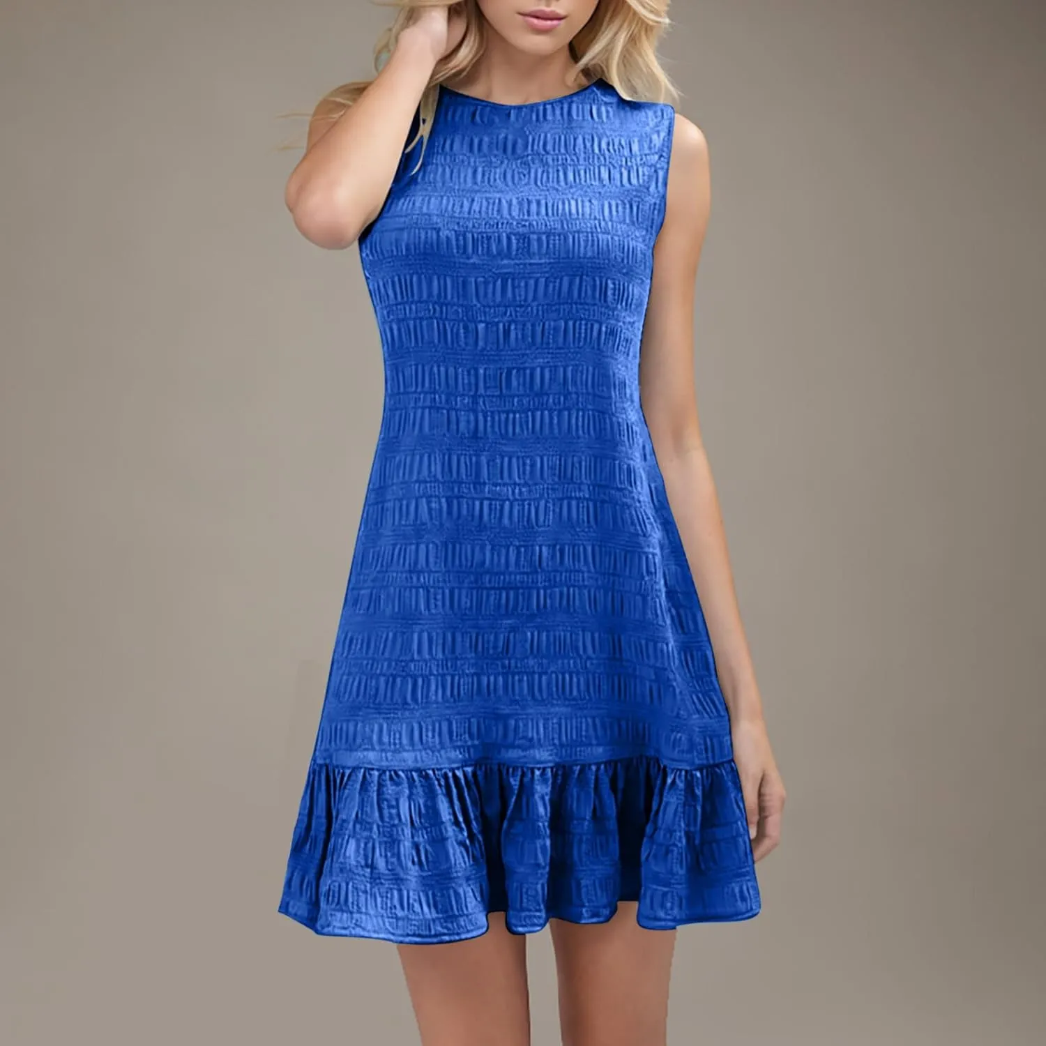 Women's Fashion Textured Tank Dress Summer Sleeveless Keyhole Back Mini Sundress Crewneck Ruffle Boho Swing Dresses