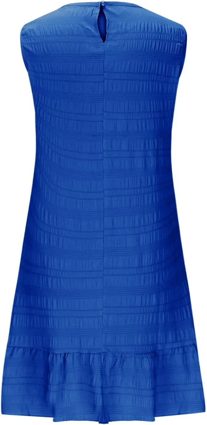 Women's Fashion Textured Tank Dress Summer Sleeveless Keyhole Back Mini Sundress Crewneck Ruffle Boho Swing Dresses