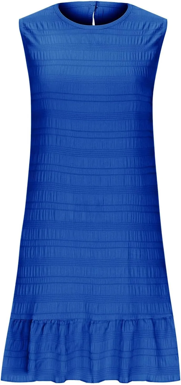Women's Fashion Textured Tank Dress Summer Sleeveless Keyhole Back Mini Sundress Crewneck Ruffle Boho Swing Dresses