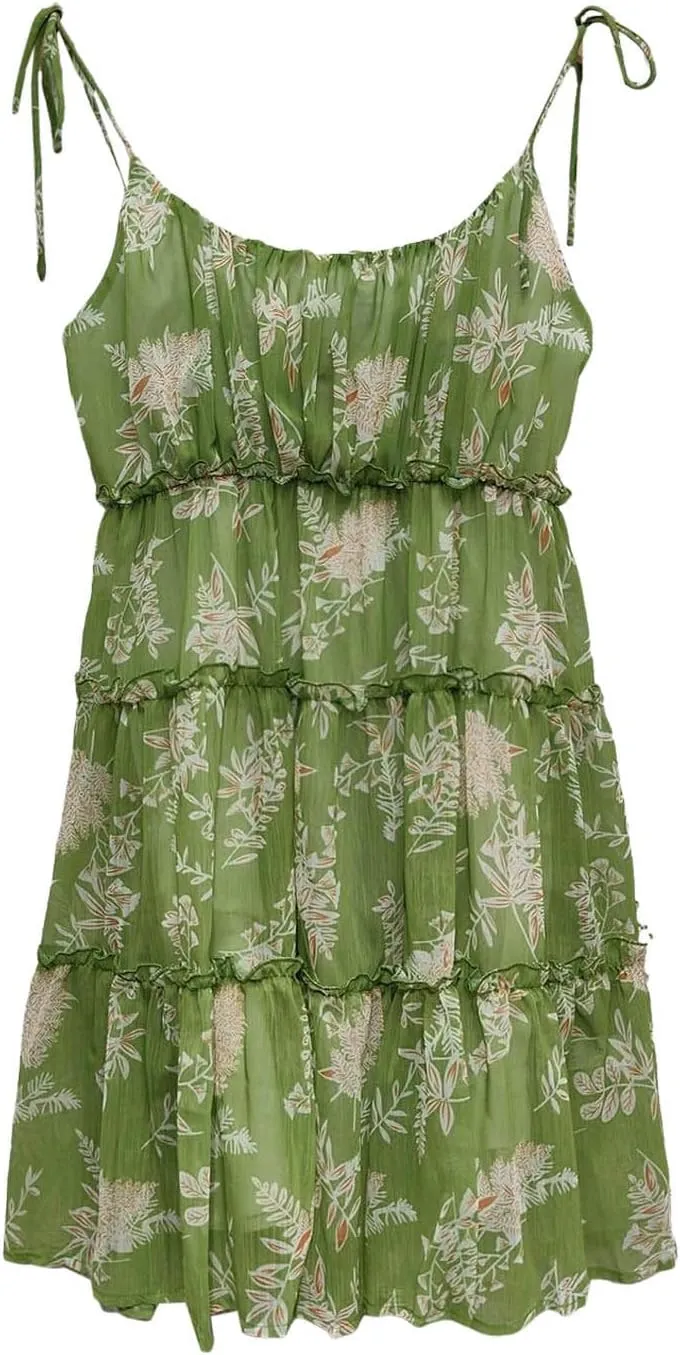 Womens Floral Mini Dress 2025 Boho Summer Spaghetti Strap Skater Dresses Sexy Sleeveless Ruffle Flowy Swing Tiered Dress