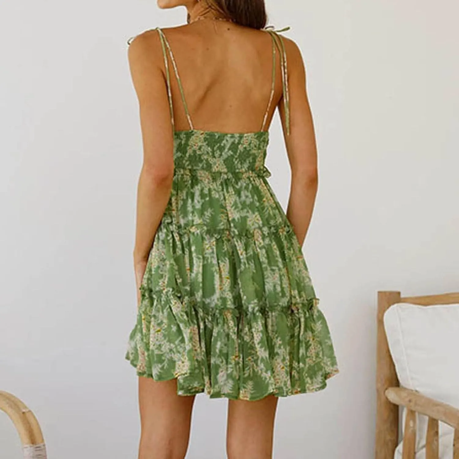 Womens Floral Mini Dress 2025 Boho Summer Spaghetti Strap Skater Dresses Sexy Sleeveless Ruffle Flowy Swing Tiered Dress