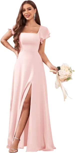 Women's Flutter Short Sleeve Bridesmaid Dresses for Wedding Square Neck A-line Chiffon Long Formal Party Dress with Slit