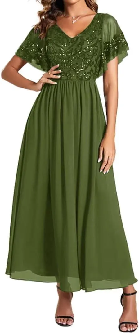 Women's Formal Dresses Ruffles Sleeves V Neck Chiffon Sequin Midi Mother of The Bride Dress
