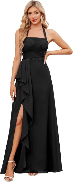 Women's Halter Chiffon Bridesmaid Dresses with Pockets Pleated Long Ruffle Formal Evening Gown with Slit