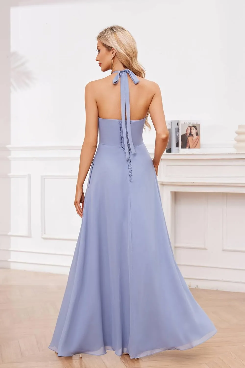 Women's Halter Chiffon Bridesmaid Dresses with Pockets Pleated Long Ruffle Formal Evening Gown with Slit