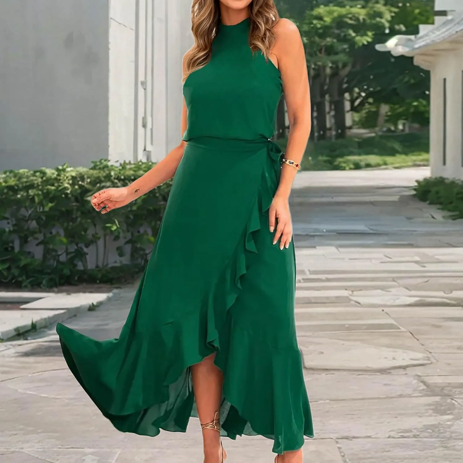Women's High Neck Ruffle Hem Split Bodycon Mermaid Evening Cocktail Long Dress Summer Sleeveless Flowy Swing Dresses