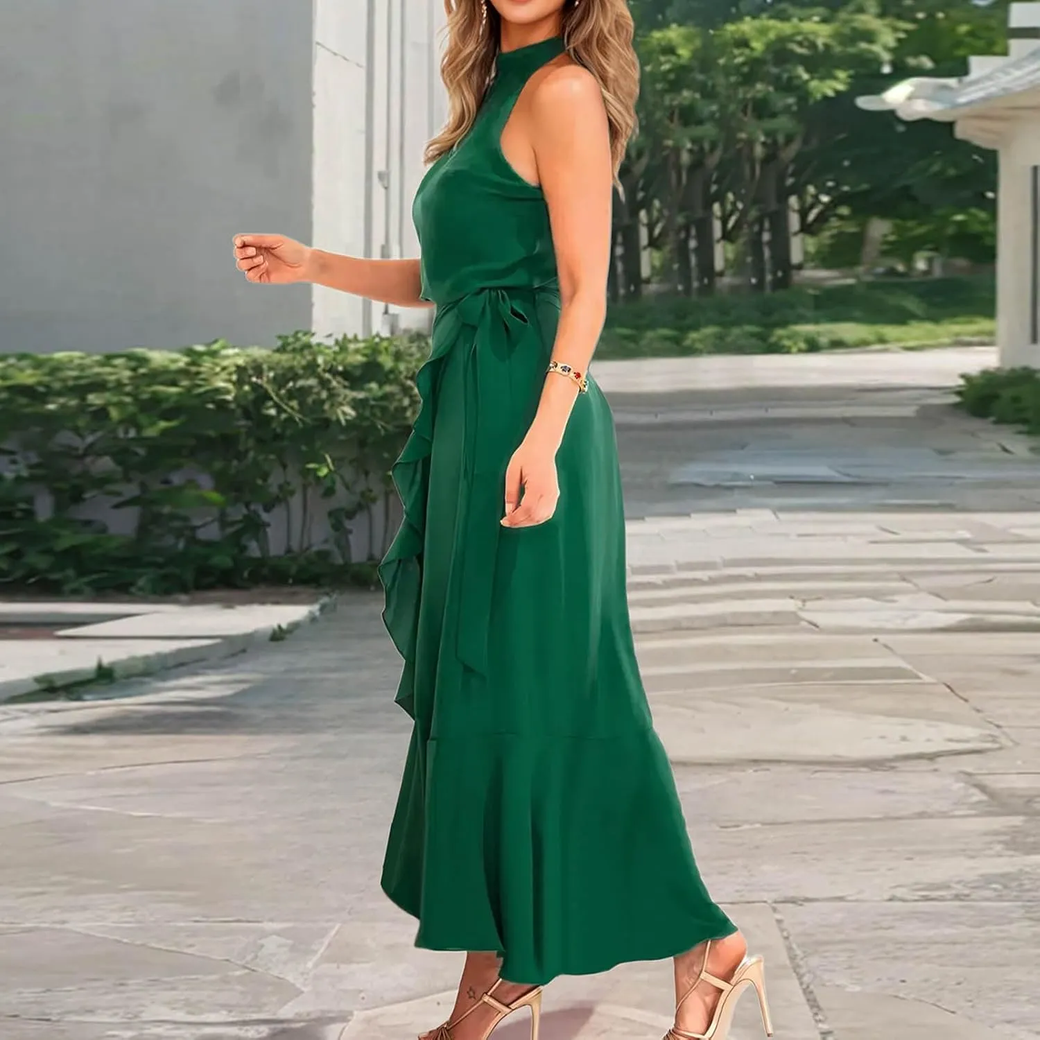 Women's High Neck Ruffle Hem Split Bodycon Mermaid Evening Cocktail Long Dress Summer Sleeveless Flowy Swing Dresses