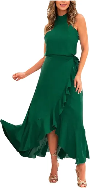 Women's High Neck Ruffle Hem Split Bodycon Mermaid Evening Cocktail Long Dress Summer Sleeveless Flowy Swing Dresses