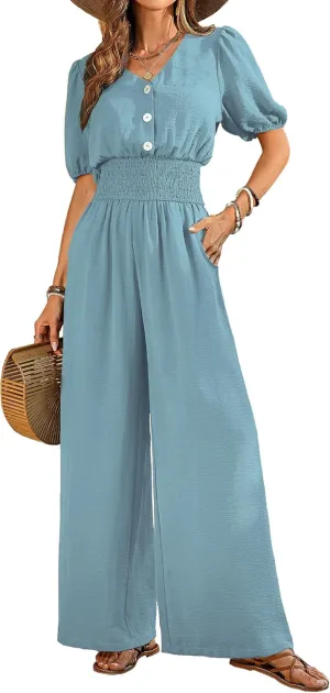 Womens Jumpsuits Short Sleeve V Neck Dressy Casual Wide Leg Pants Romper 2025 Summer One Piece Outfits