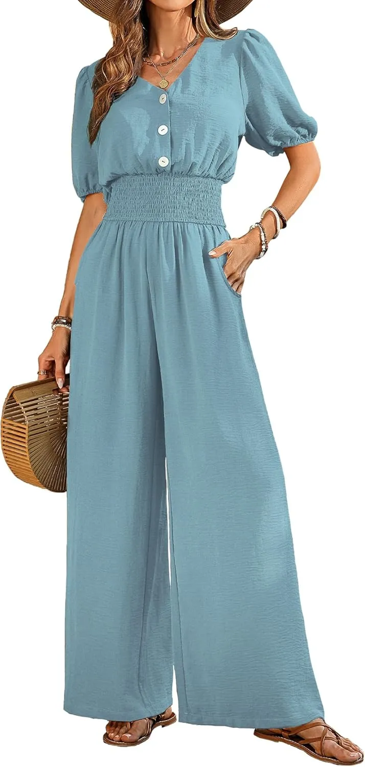 Womens Jumpsuits Short Sleeve V Neck Dressy Casual Wide Leg Pants Romper 2025 Summer One Piece Outfits