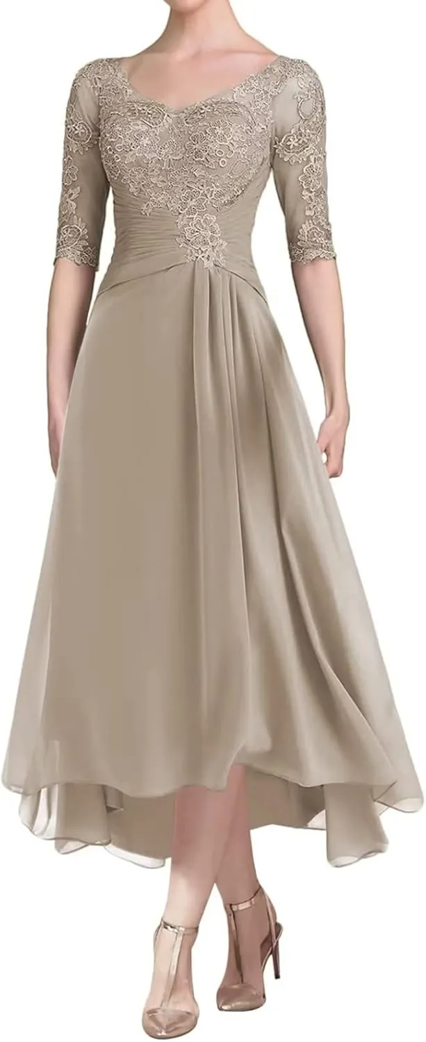 Women's Lace Applique Mother of Bride Dresses Long Half Sleeve Chiffon Formal Party Evening Gowns