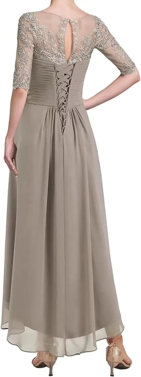 Women's Lace Applique Mother of Bride Dresses Long Half Sleeve Chiffon Formal Party Evening Gowns